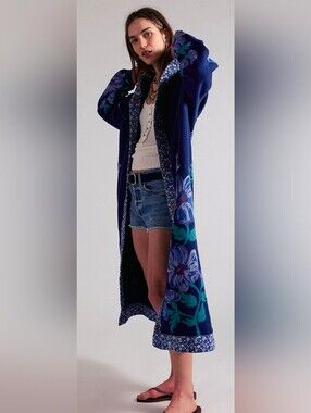 Free People Super Bloom Hood Maxi Sweatshirt Maxi Cardi Coat Blue Flowers NWT S